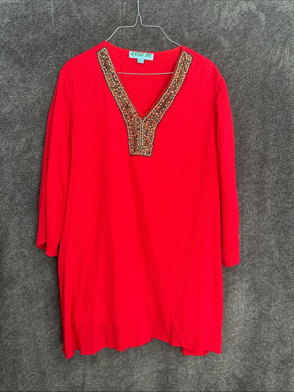 Aina Be Red Beaded V-Neck Tunic